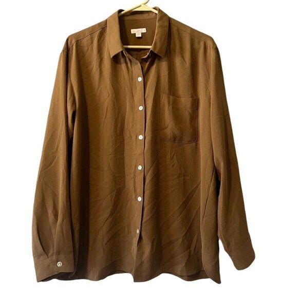 J.Jill Brown Button Up Long Sleeve Collared Polyester Shirt Size Medium Career - Picture 1 of 14